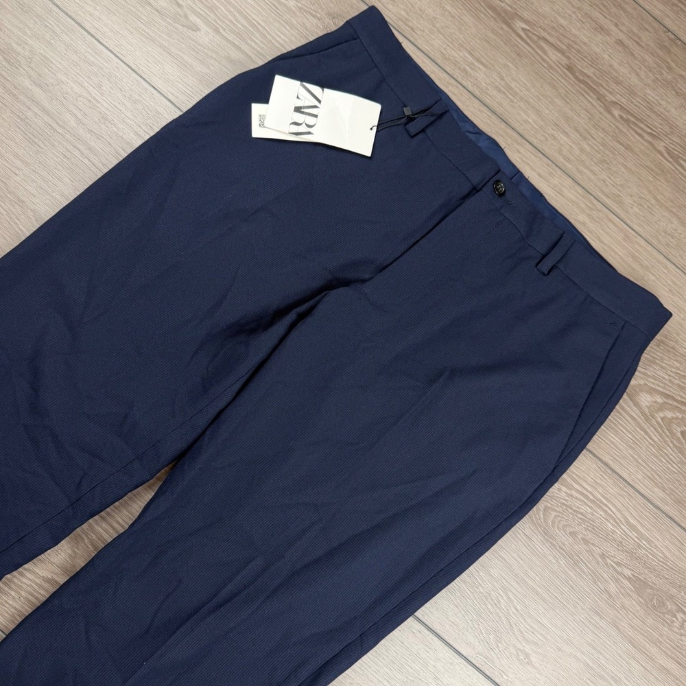 Zara Mens Suit Trousers Textured Cuffed Stretch Navy Blue 34